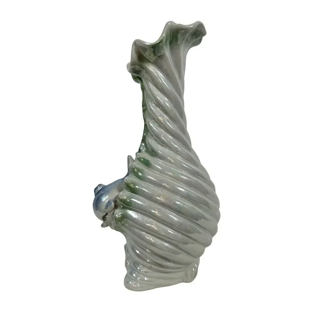 VTG Ceramic Iridescent Blue Sea Ocean Wave 2 Dolphins Scallop Shell Bud Vase